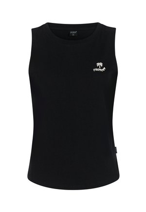 Zwart mouwloos tanktop met ronde hals en klein wit palmboomlogo en "PROTEST"-tekst op de linkerborst.