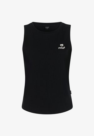 Zwart mouwloos tanktop met ronde hals en klein wit palmboomlogo en "PROTEST"-tekst op de linkerborst.