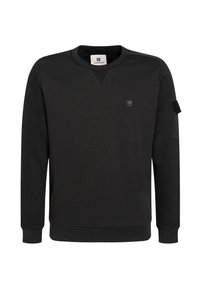 Zwart sweatshirt van gebreide stof, met een V-hals, geribde manchetten en een klein logo-patch op de borst en arm.