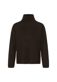 Brauner gerippter Rollkragenpullover. Verfügt über einen lockeren Schnitt, lange Ärmel und ein strukturiertes Strickmuster, hergestellt aus weichem Stoff.