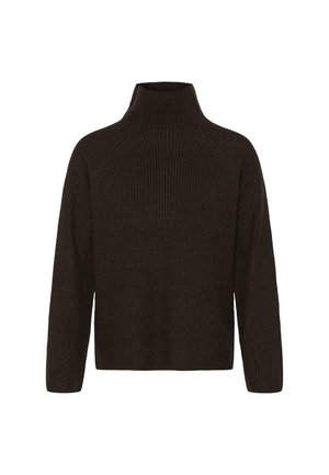 Brown ribbed turtleneck sweater. Features loose-fitting design, long sleeves, and textured knit pattern, made from soft fabric.