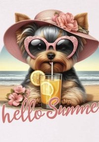 Kreskówkowy Yorkshire Terrier w różowym kapeluszu przeciwsłonecznym i okularach przeciwsłonecznych w kształcie serca, popijający lemoniadę z cytrynowym akcentem, otoczony kwiatami.