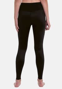 Black leggings with a textured pattern, high waistband, and a fitted design. Smooth fabric extends from waist to ankles, without visible seams.