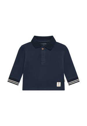 Marineblauw poloshirt met lange mouwen voor kinderen, met kraag, één bruine knoop, gestreepte manchetten en een klein logo op de voorkant.