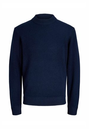 Lietavas zilas džemperis, izgatavots no adīta auduma, ar ribotu augstu apkakli un aprocēm, taisnu apakšmalu un garām piedurknēm, gluda tekstūra.