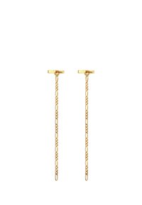 Pendientes de cadena en tono dorado con eslabones alargados y un poste recto. Diseño elegante con un acabado pulido y una estética moderna.