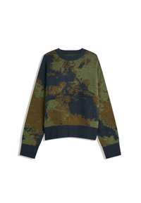 Maglione lavorato a maglia verde e blu marino con un motivo camouflage. Presenta un colletto a girocollo e polsini a coste, con un taglio leggermente cropped.