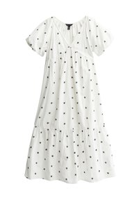 Weißes Baumwollkleid mit kurzen Ärmeln und V-Ausschnitt, ausgestattet mit schwarzer Blumenstickerei, einer gerafften Taille und einem geschichteten Rockdesign.