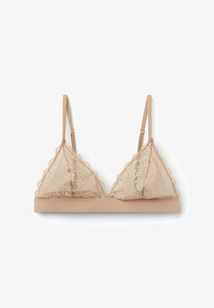 Reggiseno a triangolo in pizzo color nudo, con bordi smerlati, sottili spalline regolabili e fascia morbida sotto le coppe.