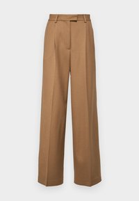 Wide-legged trousers in a light brown fabric, featuring a front crease, belt loops, and a tailored design with a smooth texture.