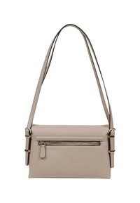 Borsa a tracolla beige realizzata in morbida ecopelle, con tasca frontale con zip, tracolla regolabile e design minimalista con dettagli in metallo dorato.