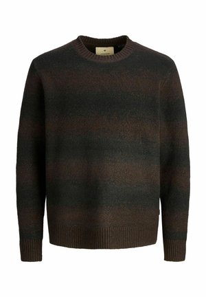 Herresweater med langermet rund hals, med horisontale striper i mørk brun og svart, ribbekanter på ermer og nederkant, laget av mykt strikket stoff.