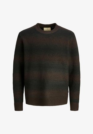 Herresweater med langermet rund hals, med horisontale striper i mørk brun og svart, ribbekanter på ermer og nederkant, laget av mykt strikket stoff.