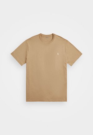Khaki cotton t-shirt with a crew neck, short sleeves, featuring a small embroidered logo on the left chest. Smooth texture, basic design.