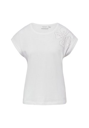 Weißes Baumwoll-T-Shirt mit rundem Ausschnitt und kurzen Ärmeln, das auf der linken Schulter mit einem grauen, gestickten Blumenmuster verziert ist.