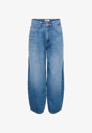 Šviesiai mėlyni džinsai plačiomis kojomis, aukštu liemeniu, su penkiomis kišenėmis ir mygtukų uždarymu. Išblukęs paviršius su subtiliais plaukimo efektais.