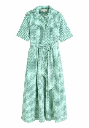 Hellgrünes Midikleid mit geometrischem Rautenmuster, kurzen Ärmeln, Kragen, durchgehenden Knöpfen vorne und einem gebundenen Taillengürtel.