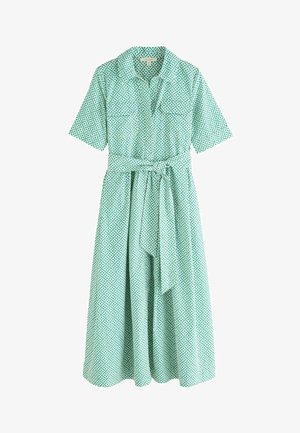 Hellgrünes Midikleid mit geometrischem Rautenmuster, kurzen Ärmeln, Kragen, durchgehenden Knöpfen vorne und einem gebundenen Taillengürtel.