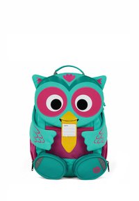 Children's backpack designed as a colorful owl with large eyes, yellow beak, wings, and two zipped foot-shaped pockets.