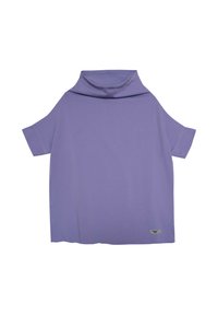 Fioletowa koszulka z krótkim rękawem z designem w kołnierz. Wykonana z gładkiego materiału, z luźnym krojem i małym logo na hemie.