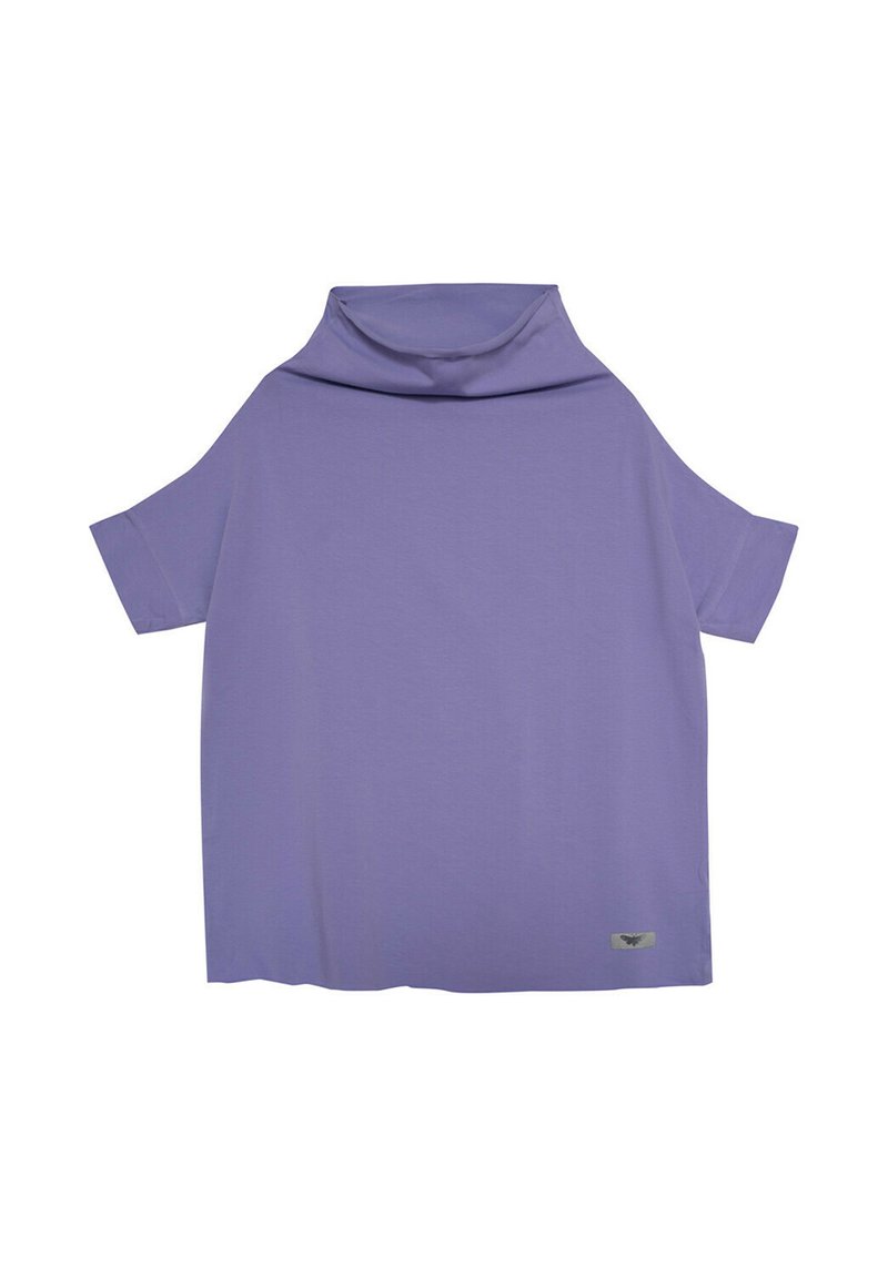 Fioletowa koszulka z krótkim rękawem z designem w kołnierz. Wykonana z gładkiego materiału, z luźnym krojem i małym logo na hemie.