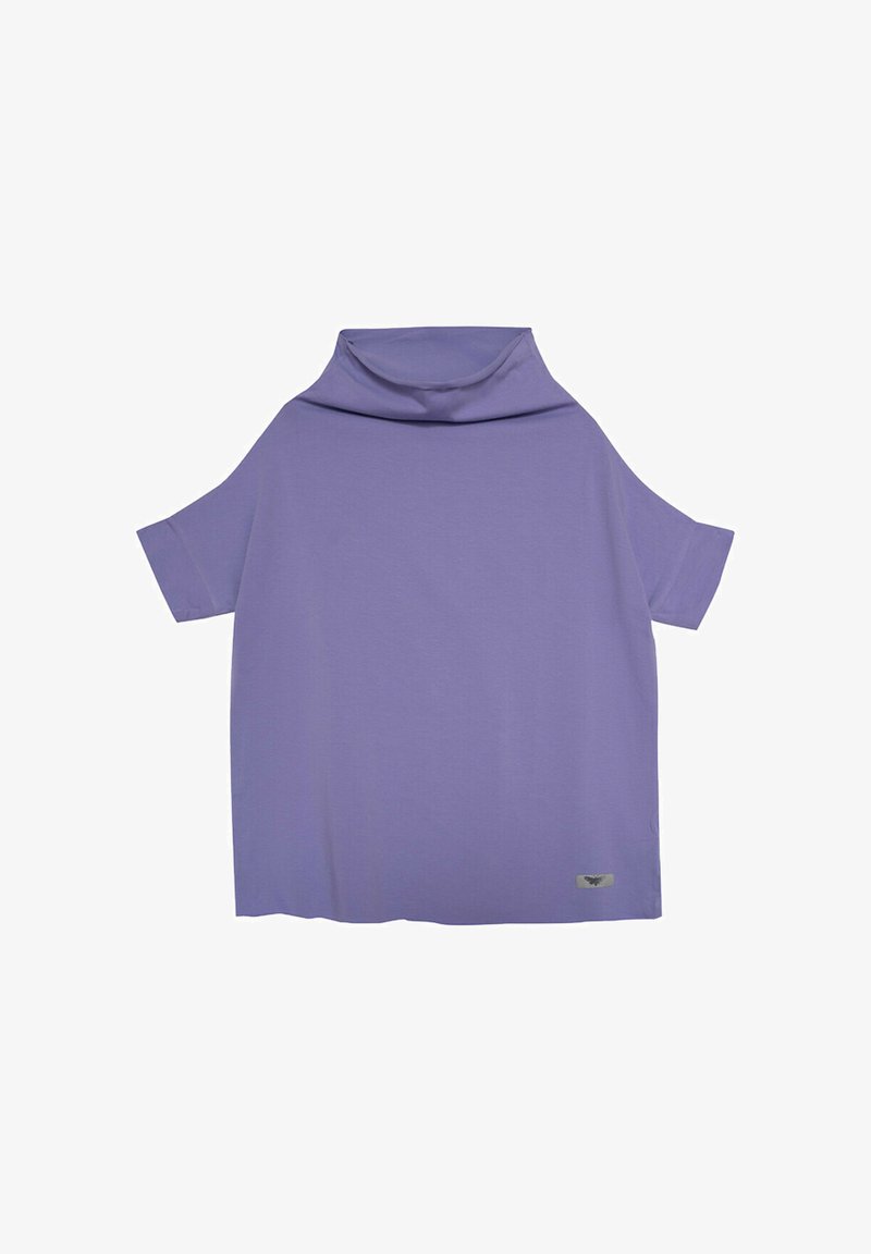 Fioletowa koszulka z krótkim rękawem z designem w kołnierz. Wykonana z gładkiego materiału, z luźnym krojem i małym logo na hemie.