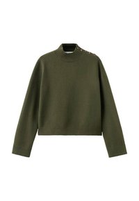 Maglione cropped verde oliva con collo alto a costine e dettagli con bottoni su una spalla. Realizzato in tessuto morbido e testurizzato.