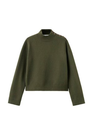 Pull en olive cropped avec un col roulé côtelé et des accents de boutons sur une épaule. Fait en tissu doux et texturé.