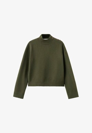 Jersey de color verde oliva, corto, con un cuello alto acanalado y botones decorativos en un hombro. Fabricado con una tela suave y texturizada.