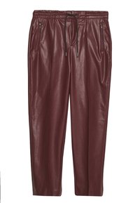 Burgundy faux leather trousers with an elastic waistband, drawstring, and two zippered side pockets; smooth texture and tapered fit.