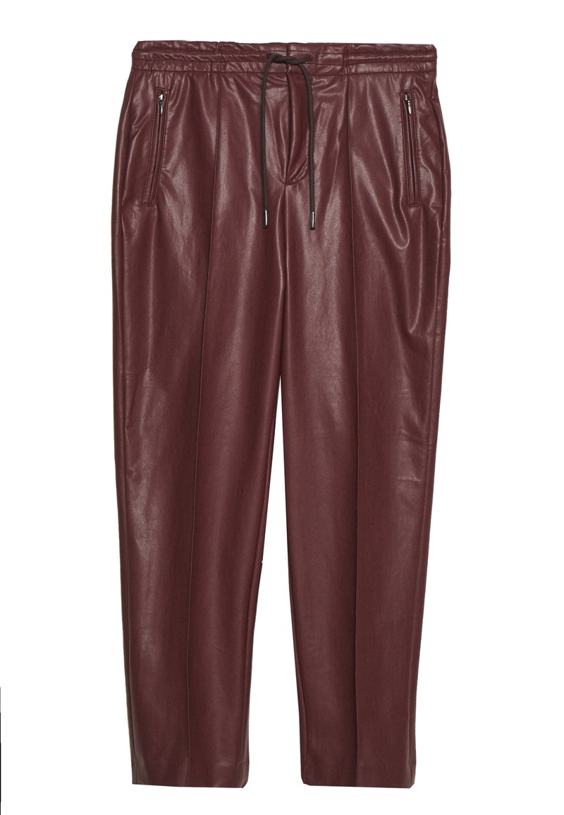 Burgundy faux leather trousers with an elastic waistband, drawstring, and two zippered side pockets; smooth texture and tapered fit.