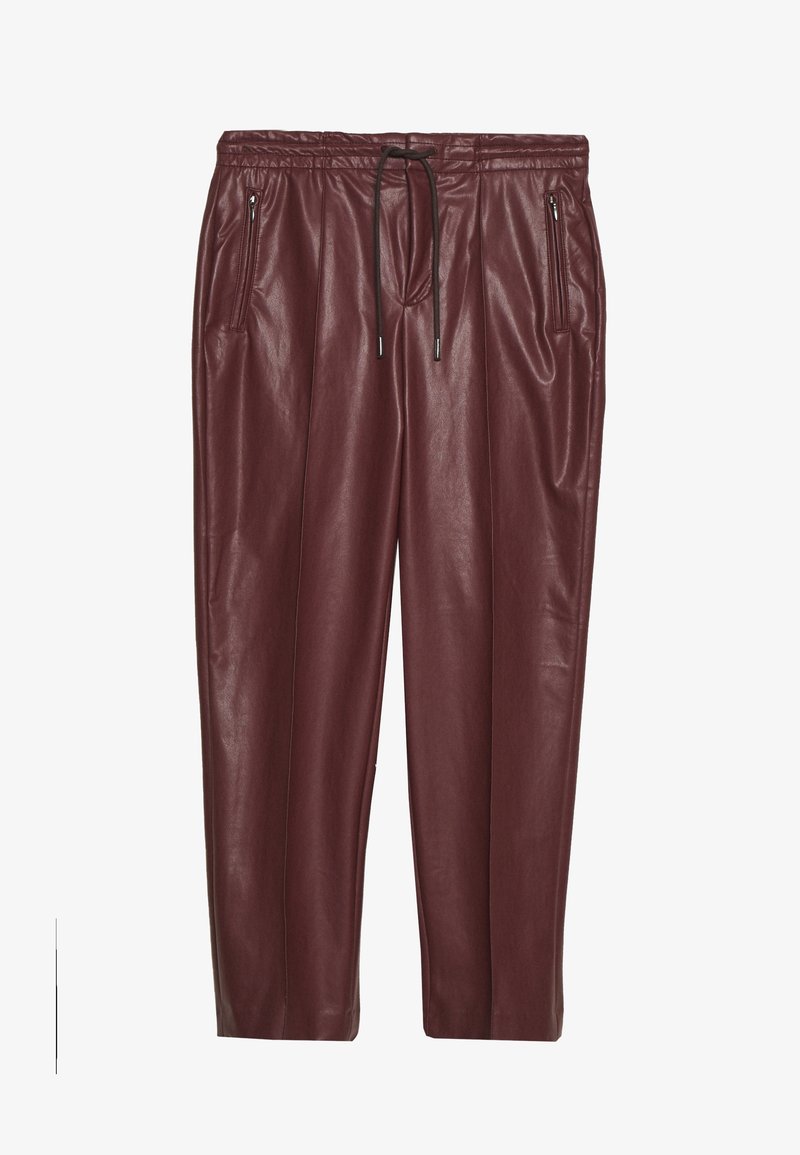 Burgundy faux leather trousers with an elastic waistband, drawstring, and two zippered side pockets; smooth texture and tapered fit.