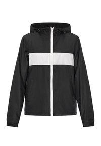 Giacca nera realizzata in materiale leggero, con una striscia bianca orizzontale sul petto, chiusura zip frontale, cappuccio e tasche laterali.