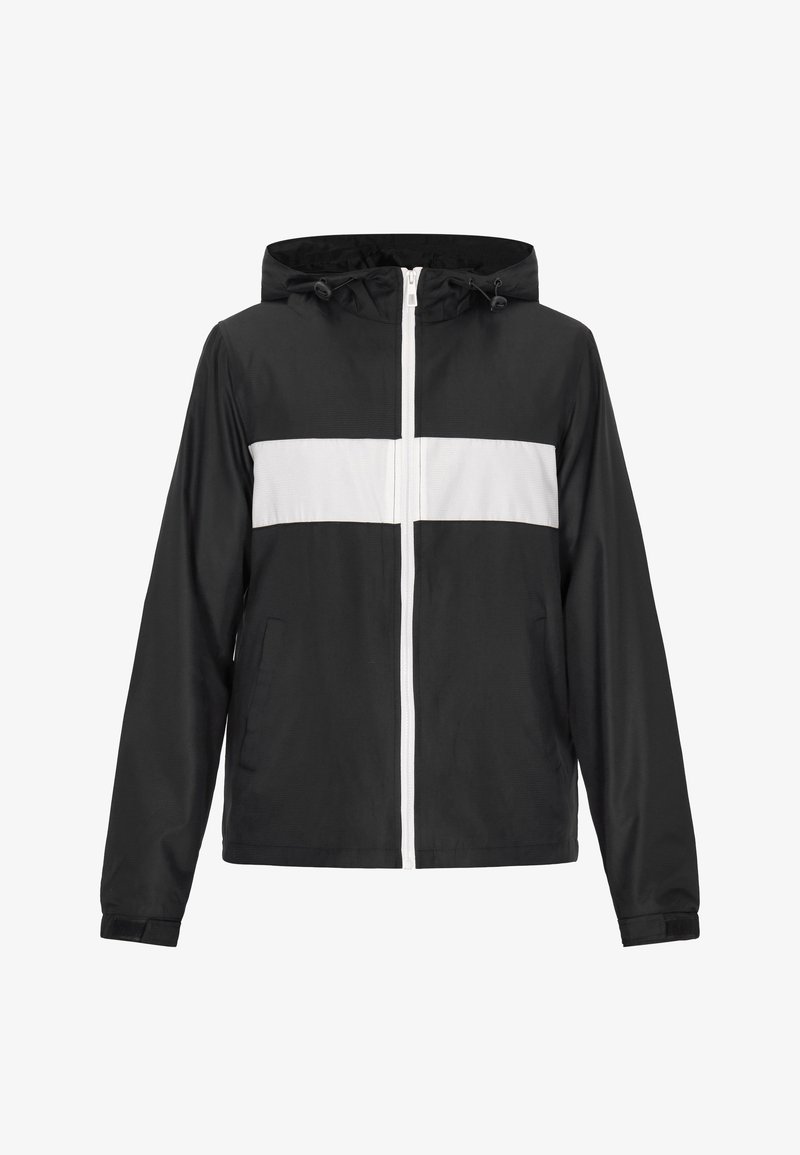 Musta takki, joka on valmistettu kevyestä materiaalista. Takissa on valkoinen vaakasuora raita rinnan kohdalla, vetoketjusuljenta, huppu ja sivutaskut.