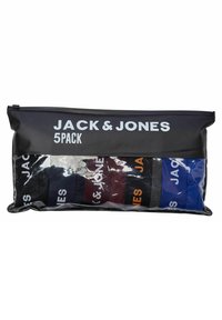 Schwarze Reißverschlusstasche mit einem 5er-Pack Socken. Socken in Marineblau, Burgunderrot, Grau und Blau mit "JACK & JONES" in weißem und orangefarbigem Text bedruckt.