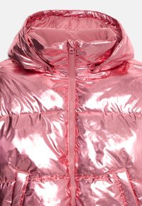 Pink metallic puffer jacket with a high collar, front zipper, and fleece lining. Features quilted sections and side pockets.