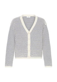 Hvid cardigan med tynde horisontale marineblå striber, V-hals, lange ærmer og fem knapper foran midt på.
