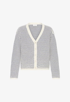 Cardigan blanc à fines rayures horizontales bleu marine, col en V, manches longues et cinq boutons sur le devant.