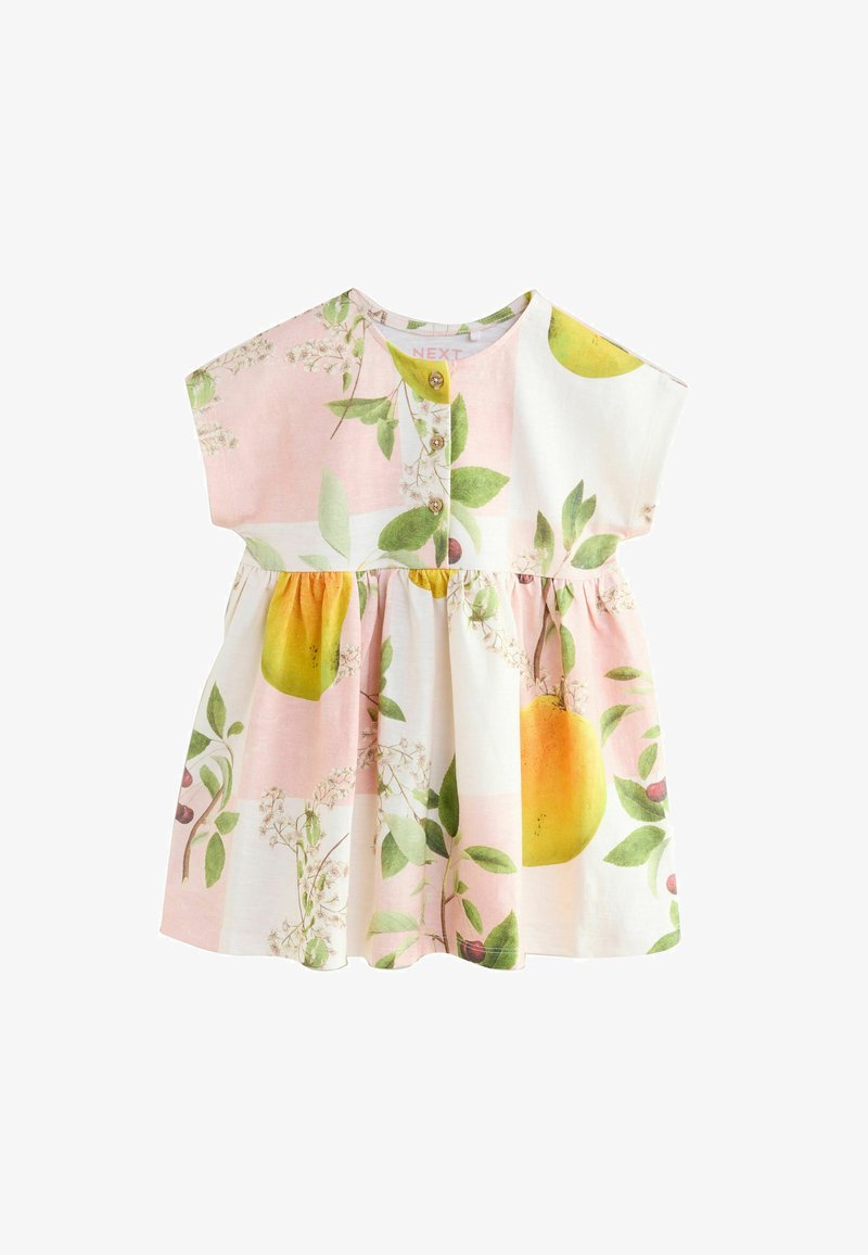 Vestido de bebé de manga corta con estampado de frutas amarillas y hojas verdes sobre fondo rosa pastel y blanco, con botones en el pecho.