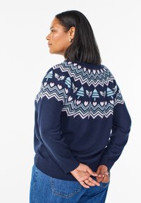Námornícky sveter s geometrickými a kvetinovými vzormi v svetlomodrej a ružovej farbe. Hladký lem a manžety. Model stojí bokom s rukami za chrbtom.