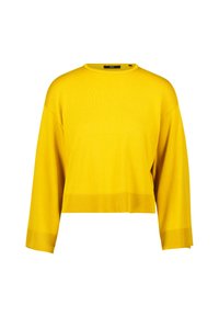 Pull court jaune avec manches longues, encolure ronde, ourlet côtelé et texture douce. Fabriqué en tissu tricoté.