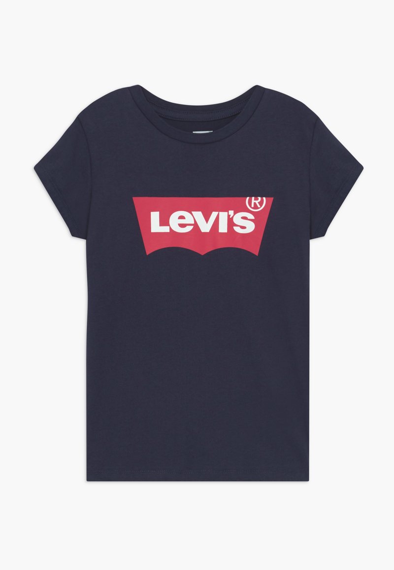 T-shirt en coton bleu marine avec un grand logo rouge Levi's en forme d'aile de chauve-souris. Manches courtes et design classique à col rond.