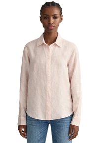 Hellrosa Hemd mit weißen Streifen, langen Ärmeln und klassischem Kragen. Weicher, strukturierten Stoff mit lockerer Passform.