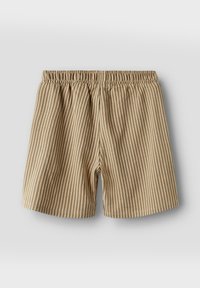 Tan og creme stribede bomuldsshorts med elastisk talje og afslappet pasform, der har en blød tekstur og ingen yderligere detaljer.