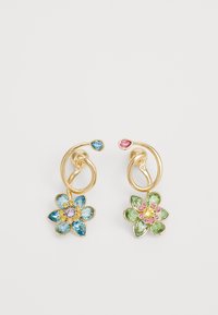 Gold-tone earrings feature two flower designs, one with blue and clear stones, the other with green and pink stones. Curved hardware accents.
