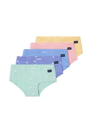 Viisi paria lasten polkadot-alushousuja pastelliväreissä: vihreä, violetti, sininen, vaaleanpunainen ja keltainen, joissa jokaisessa on P.O.P -etiketti sivulla.