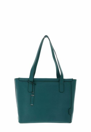 Sac fourre-tout en cuir bleu canard avec deux poignées robustes, texture lisse et tirette métallique, affichant un design rectangulaire épuré.