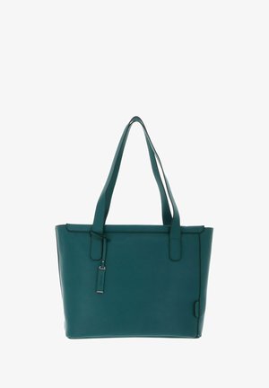 Sac fourre-tout en cuir bleu canard avec deux poignées robustes, texture lisse et tirette métallique, affichant un design rectangulaire épuré.