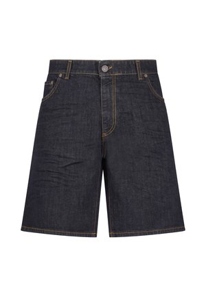 Ciemnoniebieskie krótkie spodenki dżinsowe z przednim zapięciem na guzik i zamek błyskawiczny, dwoma przednimi kieszeniami oraz kontrastowymi pomarańczowymi przeszyciami.