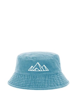 Blue denim bucket hat with a white minimalist mountain graphic on the front and stitched brim detail.